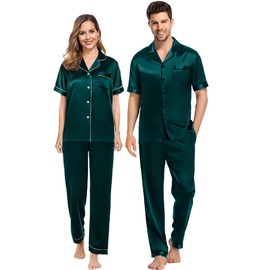SWOMOG Couples Pajamas Sets Women & Men Satin Short Sleeve Sleepwear Button Down Loungewear Pjs Set with Long Pants Women Deep Green X-Large