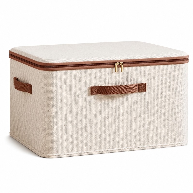 8L Cotton Linen Storage Box with Lid, Foldable Zipper Organizer