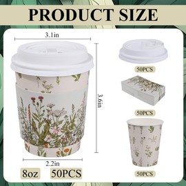 AimFun 50Pcs Floral Disposable Coffee Cups with Lids and Sleeves Vintage Botanical Herb 8oz To Go Party Paper Drinking Cup for Birthday Weddings Bridal Shower Tea Party Supplies