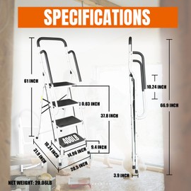 Jack Boss 4 Step Ladder, Folding Lightweight Step Stool with Detachable Tool Bag, Handrails and Wide Anti-Slip Pedal for Home, Office, Kitchen and Garage, 400 lbs Capacity