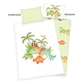 Herding Dinos Flannel Bed Linen "Made in Green", Pillowcase Approx. 40 x 60 cm with Envelope Closure, Duvet Cover Approx. 100 x 135 cm with Button Closure, 100% Cotton, Flannel