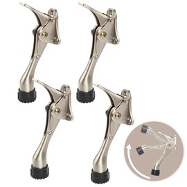 Kickdown Door Stopper 4 Inches - 4 Packs One Touch Adjustable Height Door Stop for The Bottom of Door Zinc Alloy Metal Door Stopper with Rubber Tip & Wall Protectors for Wide Doors Satin Nickel