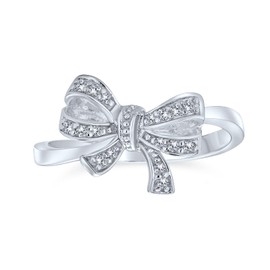 Personalize Romantic Holiday Party Bridal Cubic Zirconia Pave CZ Vintage Victorian Style Ribbon Band Bow Ring for Women Teen .925 Sterling Silver