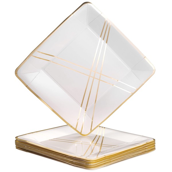Abstract Design Disposable Dinner Plates (18 Pc) Square Heavy Duty Paper Plates 10 inch, Gold Party Supplies for Weddings, Great for Birthdays, Baby Showers & Events, Ivory - Deco Collection,White