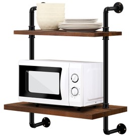 Nuanchu Microwave Oven Rack 2 Tier Wall Mount Microwave Shelf 26x18 Inches Retro Floating Shelf Stand, Black Storage Organizer Holder for Kitchen Oven Toaster Utensils