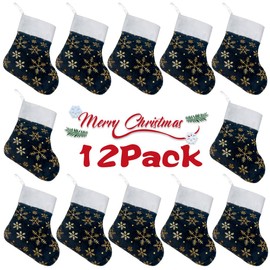 GlyinnHe 12Pack Christmas Mini Stockings, 7 inches Xmas Stocking with Glitter Snowflake Classic Stocking Decorations for Christmas Tree Ornament Decorations Gift Holder (Black)
