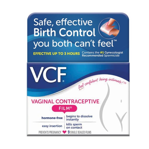 VCF Vaginal Contraceptive Film With Spermicide, 5 Boxes of 9 Prevents Pregnancy, Nonoxynol-9 Kills Sperm on Contact, Hormone-Free, Easy to Use, Unnoticeable, 45 Total