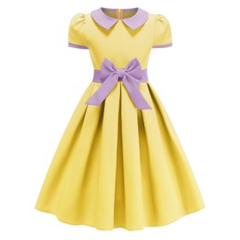 Kids 1950s Vintage Dresses for Girls 50s Outfits Doll Collar Bowknot Audrey Hepburn Rockabilly Cocktail Swing Dress Short Sleeve Pleated Retro 50s Style Tea Party Prom Church Clothes Yellow 8-9 Years