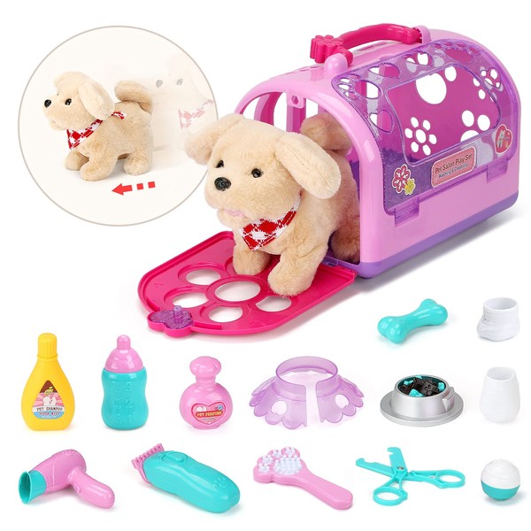 Sotodik Vet Toys Electric Pet Care Role Play Set,Walk and Bark Little Plush Dog Grooming Toys Feeding Dog with Puppy Carrier Educational Toys for Toddler Kid Boys Girls