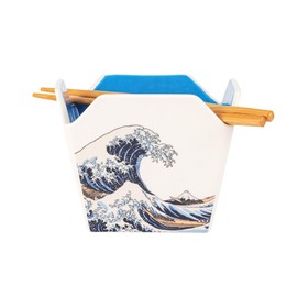 Urban Tokyo Chinese Takeout Box Style Porcelain Bowl With Chopsticks 18 fl oz Square Box Shape Rice Noodles Pasta To Go Box Shaped Bowl Microwave Dishwasher Safe (Great Wave)