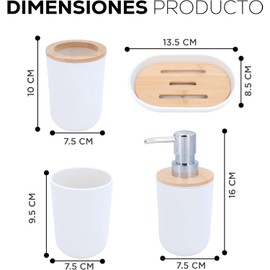 Set 4 Accesorios de Baño Juego Organizador Bambú Elegante Kit Práctico Dispensador de Jabón Jabonera Vaso Multiusos Porta Cepillos Dentales (Blanco)