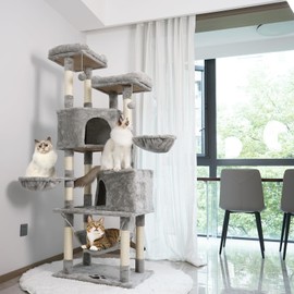 NEGTTE Sturdy Indoor Multi-Level Large Cat Tree, 67in Cat Tower for Indoor Cats, Contains 10 Sisal Scratching Posts 3 Hammocks 2 Apartments 2 Platforms and Cat Ball(001H,L.Grey)