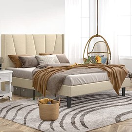 SHA CERLIN Full Bed Frame, Upholstered Platform Bed with Geometric Headboard and Wingback, Wood Slat Support, No Box Spring Needed,Beige