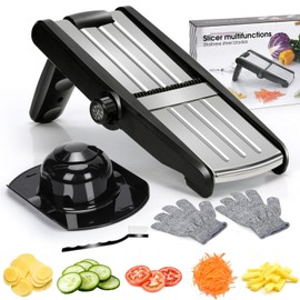 MASTERTOP Mandoline Slicer, 5 in 1 Mandoline Food Slicer for Kitchen,Stainless Steel Mini Vegetable Slicer with Safety Glove & Cleaning Brush,Adjustable Vegetable Chopper for Potatoes