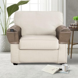 Leather Look Couch Arm Covers Set of 2 Armrest Covers for Sofa Chair Arm Protectors Stretch Armchair Slipcovers with Pockets Washable Spandex Fabric (Medium, Light Brown)