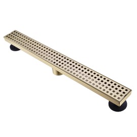 Nicmondo Linear Shower Drain 24 Inch, Bathroom Rectangular Floor Drain with Removable Cover Grid Grate, Adjustable Leveling Feet, Hair Strainer, SUS304 Stainless Steel Trench Drains, Brushed Gold