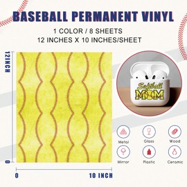 Tintnut Baseball Pattern Permanent Vinyl - 8 Sheets 12"x10" Yellow Adhesive Vinyl Sheets Self Sticker Water Proofing Vinyl Compatible with Cricut Or Silhouette