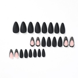 IMSOHOT Medium Press on Nails Almond Matte Black Fake Nails French Tips Acrylic False Nails with Rhinestone Designs Full Cover Glue on Nails for Women 24Pcs