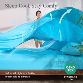 4 Piece Full Size Sheet - Cooling Bed Sheets Set, Blend Rayon Derived from Bamboo, Breathable Soft Hotel Luxury Bedding & Pillowcases, Silky Fit 16 inch Extra Deep Pocket, Oeko-Tex - Aqua