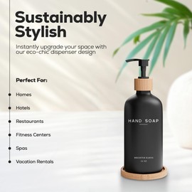 Black Glass Hand Soap Dispenser Bathroom Set by Brighter Barns - Bathroom Soap Dispenser Set with Tray - Black Soap Dispenser - Black Bathroom Accessories for Vacation Rental, Restaurant, Spa (Black)