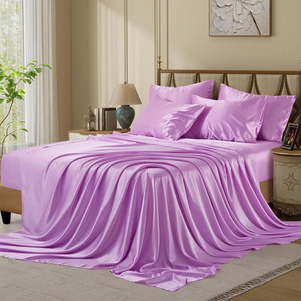 VCUSUELER Silk Like Satin Bed Sheets, 4-Piece Lavender Twin Size