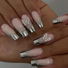 AKOFIC Pack of 24 Stick-On Nails, Medium Length, Coffin Press on Nails French, Pink Grey Glossy Ballerina False Nails with Butterfly Diamond Design, Fake Nails for Women Girls