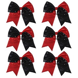 8 Inch 2 Color Cheer Bows Cheerleader Ponytail Holder with Bling Fling Sequin Hair Tie Cheerleading Bows 6 Pcs (Red/Black)