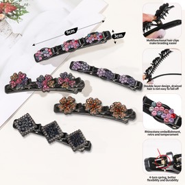 Hummingbird Hair Clip with Crystal Flower, Pack of 5, Braided Hair Clip with Rhinestones for Women, Girls, Satin Fabric Hair Clips, Duckbill Hair Clips, Double Layer Hair Clip