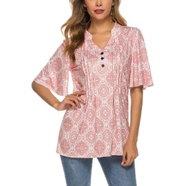 HOCOSIT Women's Floral Print Short Ruffle Sleeve Pleated Front V Neck Button Tunic Tops
