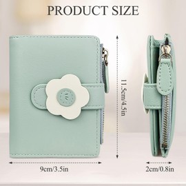 AdiStylinno Small Wallets for Women, Cute Flowers Print Wallet Small Bifold Leather Purse with ID Window and Zip Coin Pocket (Green)