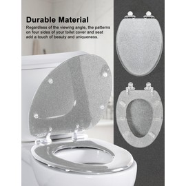 Toilet Seat Resin Elongated Silver Glitter Slow Quiet-Close Heavy Duty Decorative Acrylic Seats for Standard Toilets, Easy to Install also Easy to Clean (19 Inch, Silver Glitter, Upgraded hinge)
