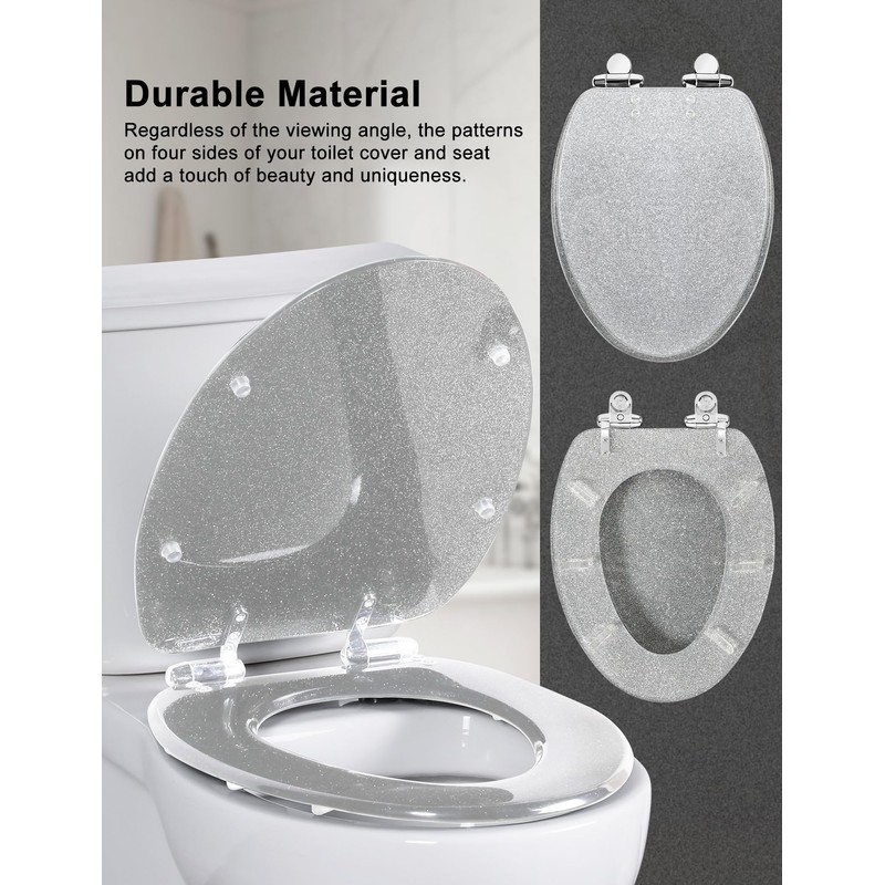 Toilet Seat Resin Elongated Silver Glitter Slow Quiet-Close Heavy Duty