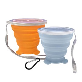 2 Pcs Collapsible Cups, Silicone Collapsible TravelCup, Expandable Folding Camping Drinking Cup with Lids Reusable Small Portable Mugs-Cup for Travel, Camping, Hiking,Outdoors (Light Blue&Orange)