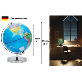 Exerz 23 cm Illuminated Globe Metal Base – German Map – Student Globe with Cable Free LED Lighting On – Political Map (Time of Day) – Constellation Stars (Night)