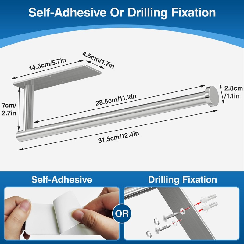 Paper Towel Holder - Self-Adhesive or Drilling, Brushed Nickel, Wall