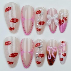 Long Stiletto Press on Nails French Tip False Nails with 3D Embossed Pink Bow Pattern Rhinestones Design Full Cover Stick on Nails Acrylic Fake Nail Cute Glue on Nail For Women Daily Wear Manicure