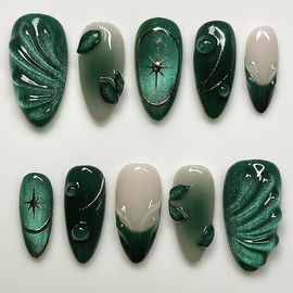 24pcs Emerald Green Press on Nails Medium Almond Cat Eye Fake Nails with Glitter Stars Designs Summer French False Nails Nude Glue on Nails Handmade Full Cover Acrylic Nails for Women