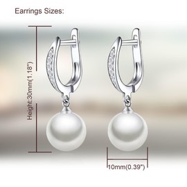 Salanda Women's Pearl Drop Earrings, White Gold Plated, Dangle, 10mm Pearl, Classic Style