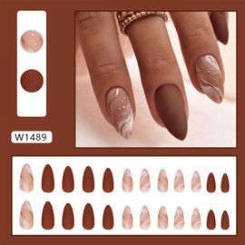 Tyuimhx Medium Press on Nails Almond Fake Nails With Gold Line Designs Brown Matte False Nails Full Cover Stick on Nails Reusable Artificial Nails Glue on Nails for Women Girls Nails Decorations 24Pcs