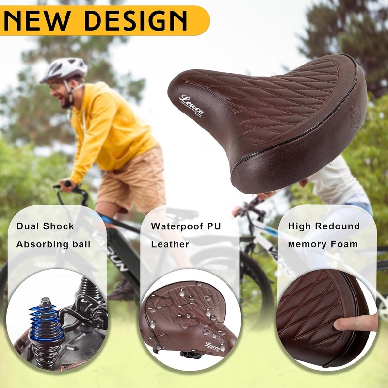 LEWEE Cruiser Brown Bike Seat, Extra Wide Bicycle Saddle Cushion,
