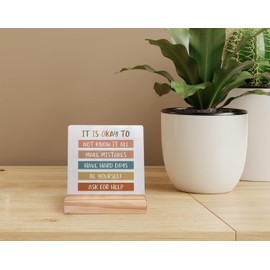 It is Okay to Mental Health Wood Plaque with Wooden Stand,Inspirational Quotes Wooden Plaque Sign Desk Decor for Home Classroom School Therapy Office Table Shelf Decoration
