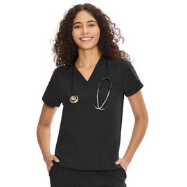 COZYFIT Scrub V-Neck Tops for Women, Soft Stretch Women's Tops Easy Care with 3 Pockets, Black, XXL