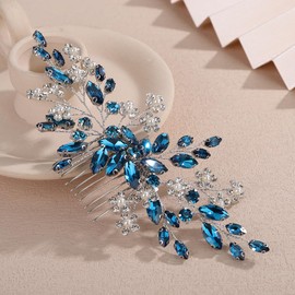 Teyglen Blue Crystal Rhinestone Pearl Hair Comb Bridal Flower Crystal Hair Comb for Bride Wedding Hair Accessories Rhinestone Hair Piece for Women Flower Headpiece(Peacock blue)