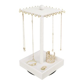 Ikee Design Wooden Rotating Jewelry Organizer,Jewelry Display Tower for Necklace,Bracelet, Rotating Necklace Holder Organizer,Jewelry Stand for Shows, Wash White Color, 7.88 W x 7.88 D x 16 H in