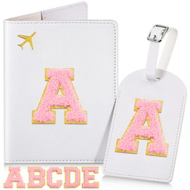 Cosblank 26 Letters A-Z Passport Cover and Luggage Tag Set with Chenille Letter Patch Luggage Accessories for Women Girls New Semester Begin(ABCDE)