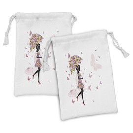 Ambesonne Feminine Fabric Pouch Set of 2, Girl with Floral Umbrella and Dress Walking with Butterflies Inspirational Art, Small Drawstring Bag for Toiletries Masks and Favors, 9" x 6", Black and Pink