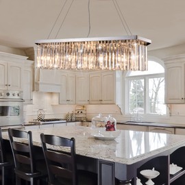 Modern Silver Rectangular Crystal Chandelier, Dining Room Chandeliers Over Table, Luxury Chrome Pendant Ceiling Light Fixtures for Kitchen Island, Living Room, Bar of CRYSTOP