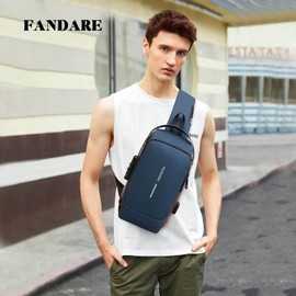 FANDARE Anti-Theft Sling Bag Business Men Bag Chest Crossbody Bags with USB Charging Port Waterproof Small Backpack for Outdoor Work Hiking Running Sport Travel Bag Blue