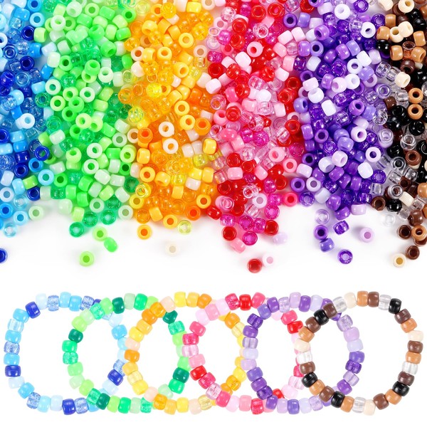 Pony Beads Bulk, 3400pcs+ Kandi Beads for Bracelets, Funtopia 36 Colors Plastic Beads for Craft, Rainbow Hair Beads for Braids, Colored Beads for DIY Projects Jewelry Making (6x9mm)