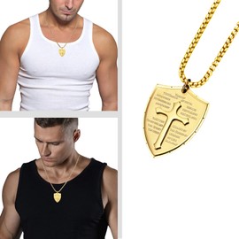 MERTTURM Men's Cross Necklace, The Armor of God Shield Ephesians 6:16-17, Black Silver Gold Cross Stainless Steel Pendant Jewellery, Gifts for Christian Jesus Boys/Husband/Lovers, Stainless Steel